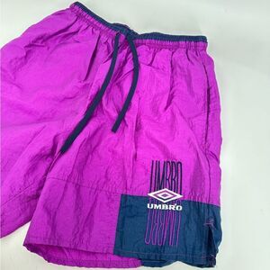 Vintage 90s UMBRO Soccer Shorts Medium Nylon ColorBlock Purple Spellout.